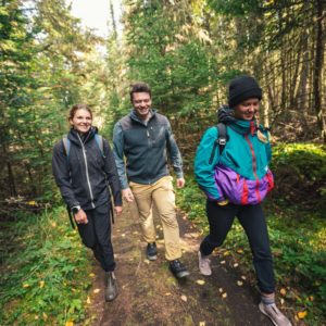 Students walking in forest
