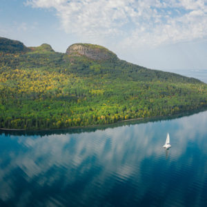 catamaran aerial around mouth of sawyers bay