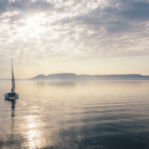 catamaran and sleeping giant at dawn