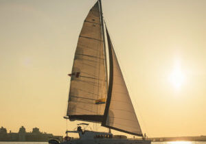 Catamaran at sunset around Thunder Bay Harbour